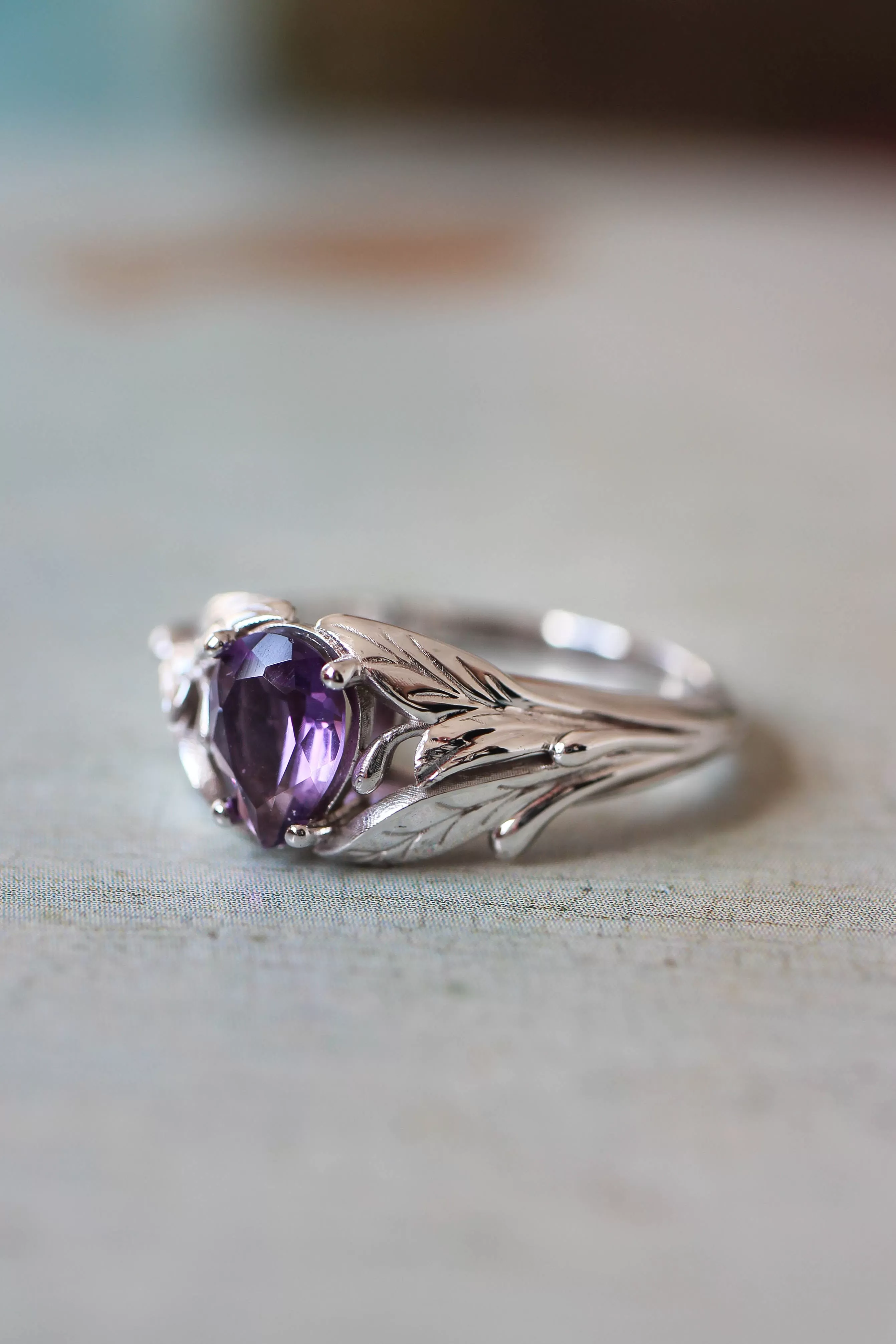 Amethyst engagement ring, leaf ring / Wisteria