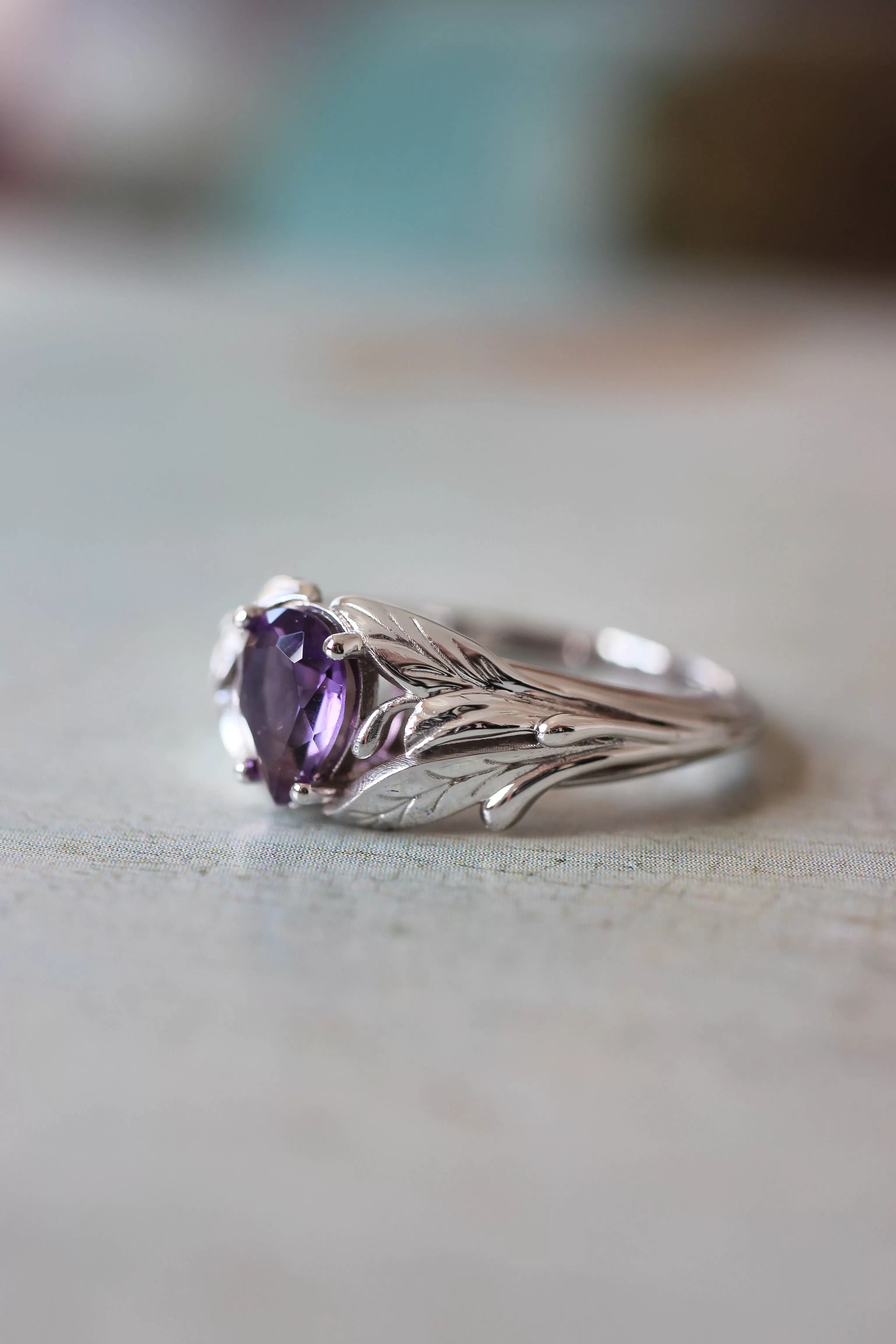 Amethyst engagement ring, leaf ring / Wisteria