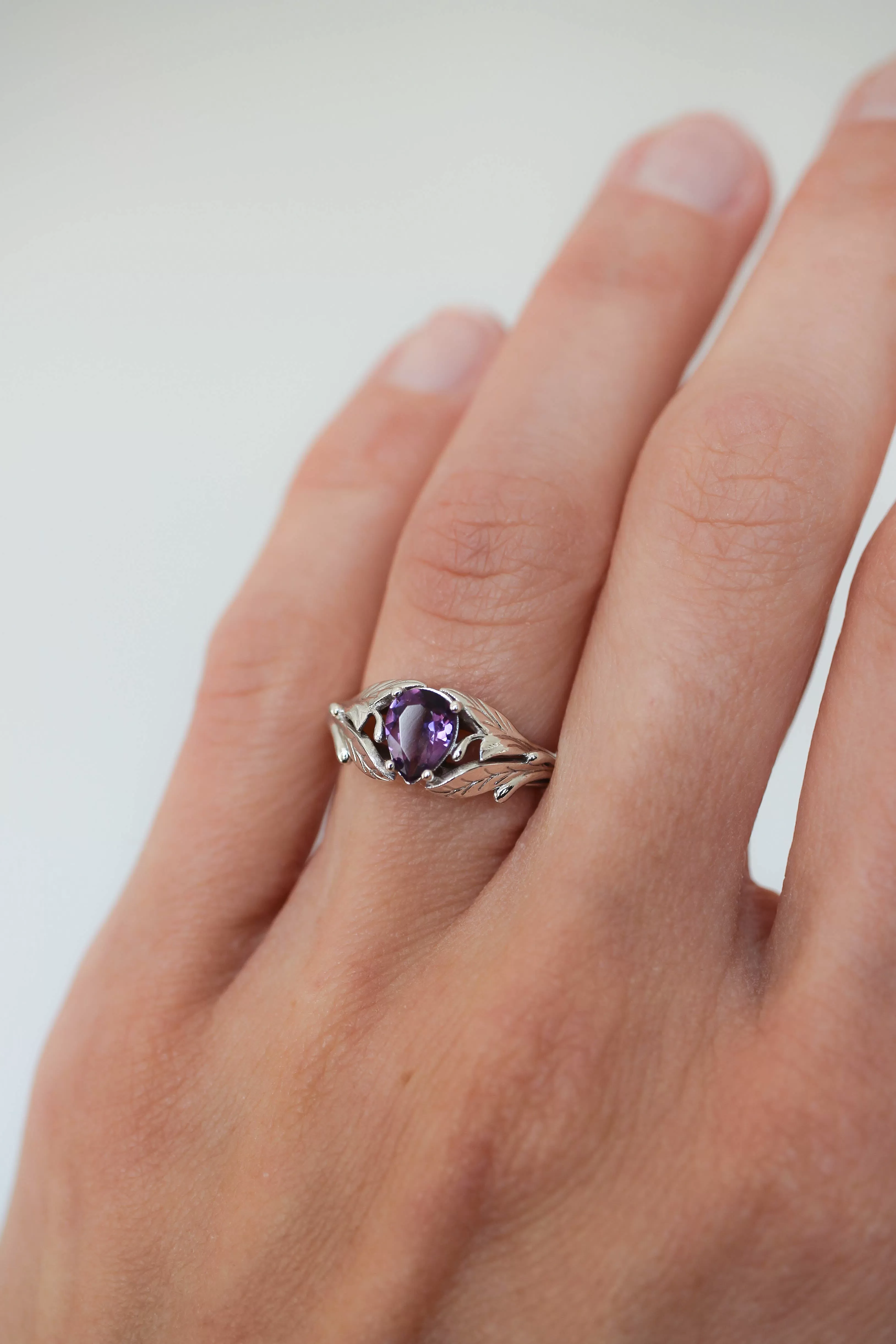 Amethyst engagement ring, leaf ring / Wisteria