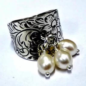 Sterling silver ring, Hippie ring , Pearls dangling ring for woman,  silver ring  for women , chic stylish israeli jewelry